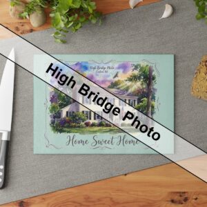 Custom house portrait art printed on a wooden cutting board